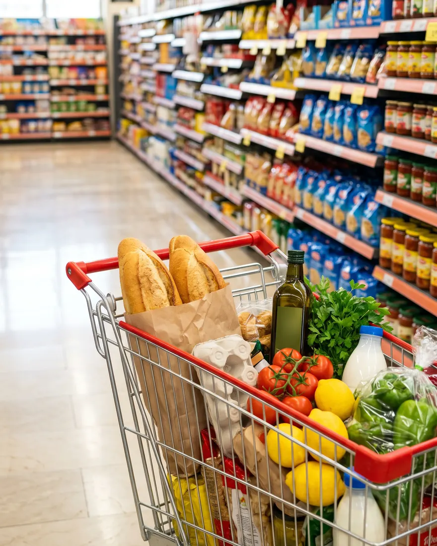 Market koridorunda ekmek, sebze ve meyveyle dolu alışveriş arabası