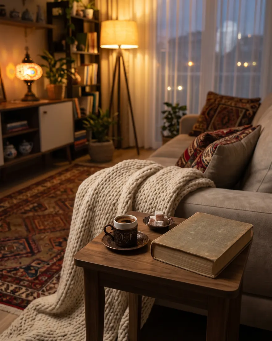 Akşam ışığında salon: koltukta battaniye, sehpada kahve fincanı ve kitap