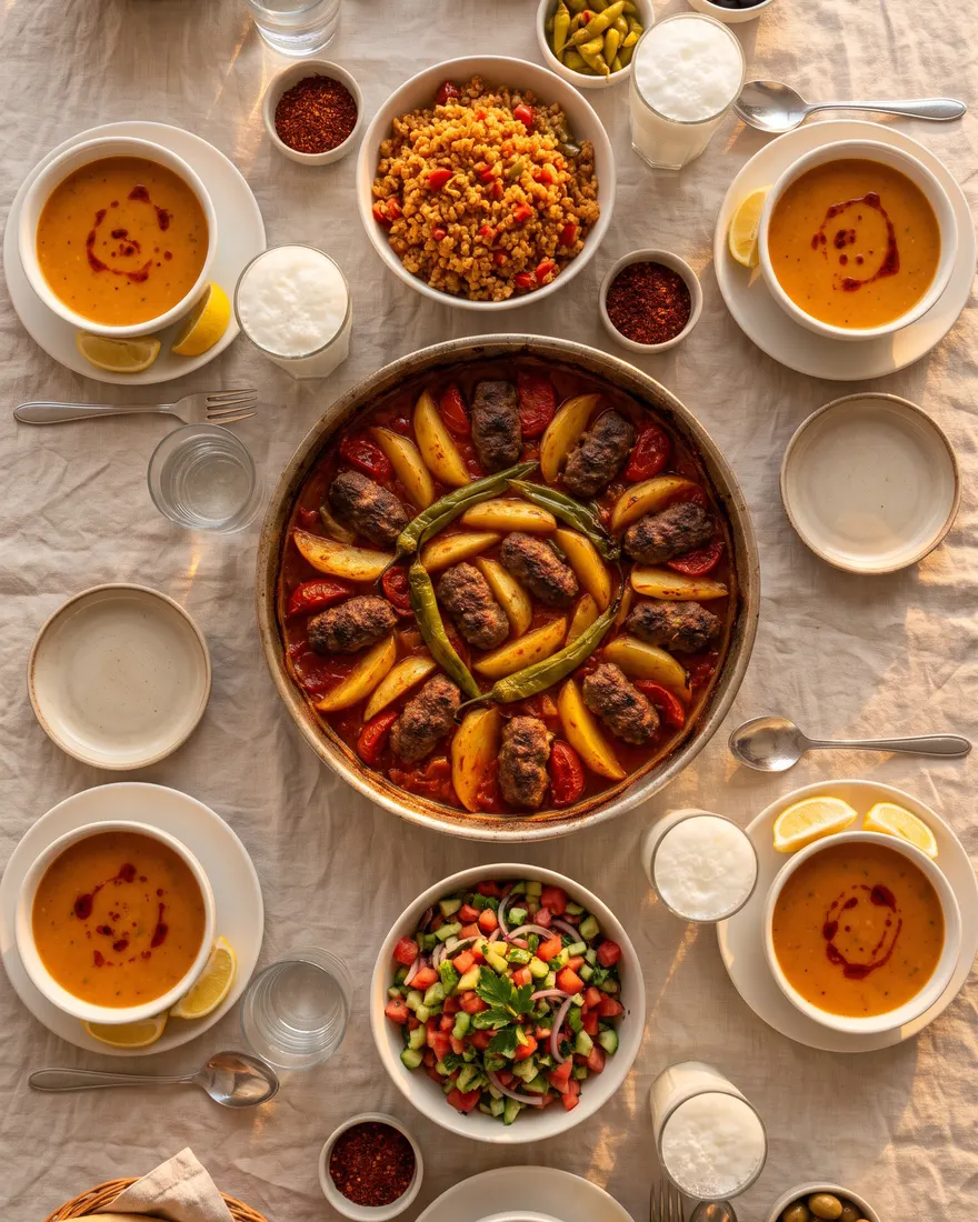 Yukarıdan sofra: fırında köfte, mercimek çorbası kâseleri, bulgur pilavı ve salata